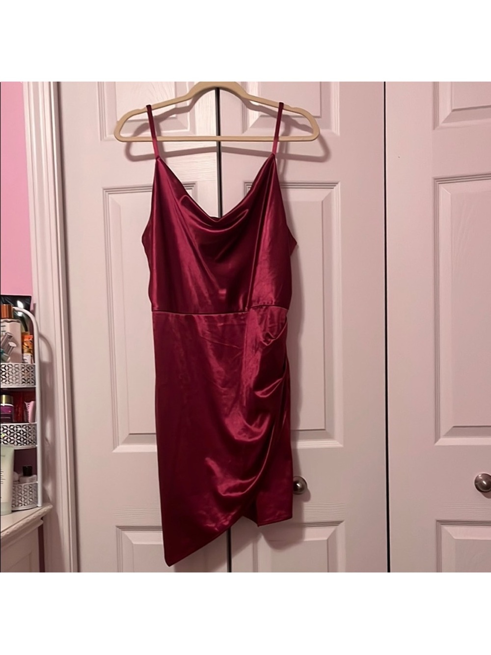BCX Satin Cowl Mini Dress in Burgundy
